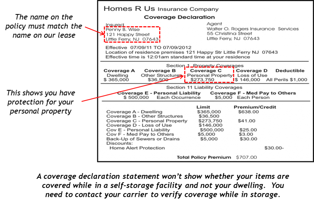 Pittsburgh self-storage insurance declaration example